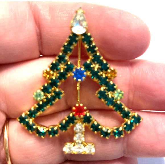 Rhinestones Christmas Tree Brooch Gold & Multicolor Mid Century Festive Pin - Picture 5 of 8